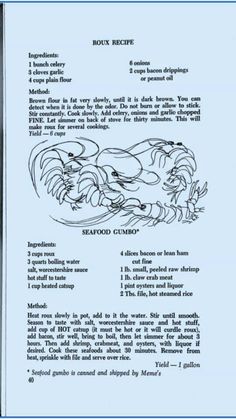 an old recipe book with instructions on how to make shrimp and crab cakes in it