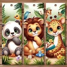 three bookmarks with animals and birds in the jungle on wooden background, one has an animal