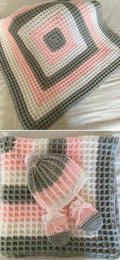 crocheted blanket and pillow on top of a bed with the same color scheme