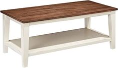 a white coffee table with a wooden top and shelf underneath it, against a white background