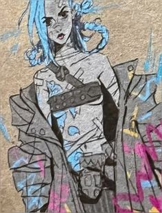 a drawing of a woman with blue hair