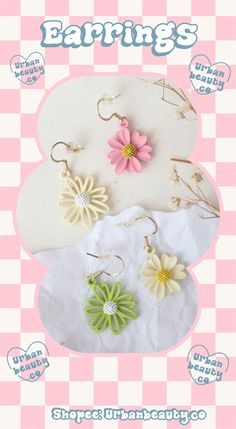 an advertisement for earrings with flowers on the front and back side, in pink and white checkered background