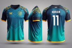 the front and back of a soccer jersey with gold details on it, in teal tones