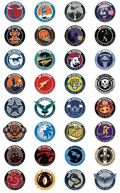 an image of many different colored badges on a white background with the same color and size