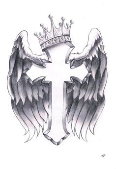 an angel cross with wings and a crown on the top is shown in this tattoo design