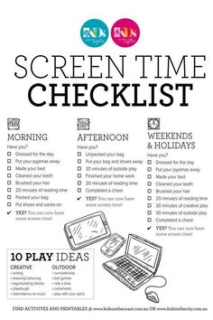 a printable screen time checklist for students to use on their laptops and tablets