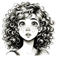 a drawing of a girl with curly hair and freckles on her face, looking to the side