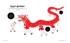 a red dragon with people walking around it