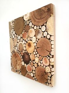 a book with wood slices and circles on the cover is hanging on a white wall