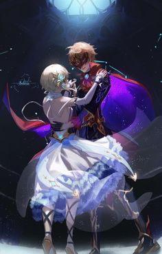 two anime characters hugging each other in front of a blue light