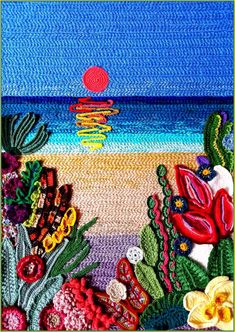 an image of a painting with flowers and plants on it's side, in front of the ocean