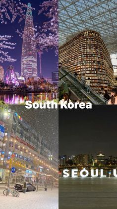 three different pictures with the words south korea and seoul