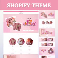 the shopify theme is pink and has pictures on it