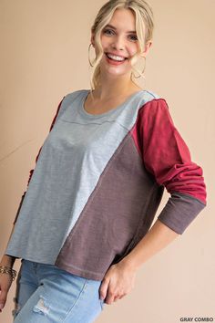 This trendy top showcases the perfect combination of colors. The color-blocking design adds a modern and eye-catching element, making it a versatile choice for various occasions. Whether you're pairing it with jeans for a casual look or dressing it up with a skirt for a more polished ensemble, our Color Blocked Top in Burgundy is the ultimate choice for a fashionable and chic outfit. Fun Tops, Sewing Blouses, Trendy Top, Color Block Top, Chic Outfit, A Skirt, Trendy Tops, Upcycle Clothes, Nice Tops