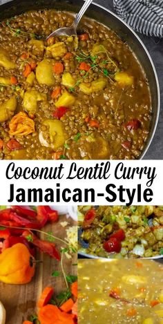 coconut lentil curry with jamaican - style potatoes and carrots in a large pan