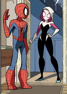 spider - man and the amazing spider - woman are standing in front of an open door