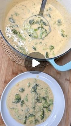 broccoli and cheese soup in a pot on a cutting board with a spoon