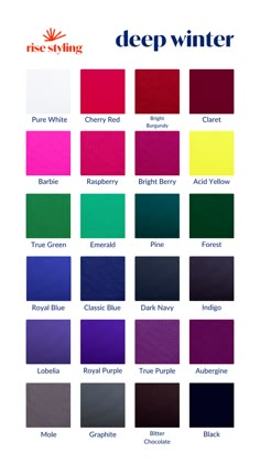 the color chart for deep winter, with different colors and font on each one side