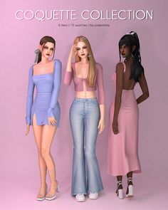 three female mannequins are standing in front of a pink background with the caption coquette collection