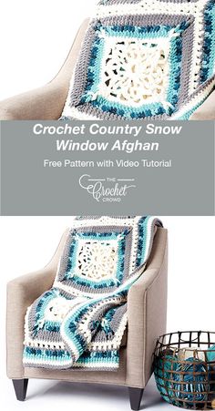 the crochet country snow window afghan is shown in blue, white and gray