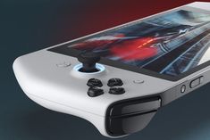 a close up of a nintendo wii game controller with an image of a train on the screen