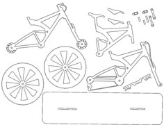 the bike parts are shown in this black and white drawing, which includes spokes, gears, wheels, and brake assembly pieces