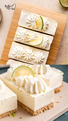 there are four slices of cake on the table with lemons and lime wedges