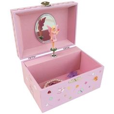 an open pink box with a fairy figurine in the lid and jewelry inside