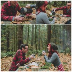 a man and woman sitting in the woods eating food