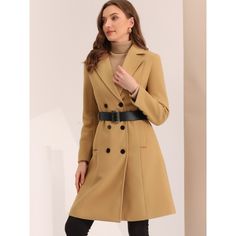 Stay warm and stylish with this lapel-collar winter coat, which is perfect for chilly weather. The belted waist and double-breasted design create a flattering silhouette that's both fashionable and practical. Made of warm materials, this long coat is durable and comfortable to wear all day long. The lapel collar adds an extra touch of elegance to the overall look. Perfect for dressing up or down. This versatile winter coat is great for any occasion. Belted Business Blazer For Winter, Belted Collared Outerwear For Business, Winter Long Belted Pea Coat, Belted Blazer For Winter, Double-breasted Belted Pea Coat, Solid Double-breasted Belted Pea Coat, Solid Color Double-breasted Belted Pea Coat, Beige Belted Pea Coat With Lapel Collar, Cold Weather Outerwear With Lapel Collar And Double Button