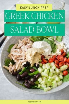 greek chicken salad bowl with text overlay