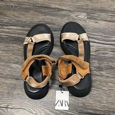 Brand New Condition Beige Leather Sport Sandals For Summer, Summer Beige Leather Sport Sandals, Beige Ankle Strap Sport Sandals For The Beach, Beige Ankle Strap Sport Sandals, Beige Flat Sport Sandals For Spring, Flat Beige Sport Sandals For Spring, Beige Ankle Strap Sport Sandals For Spring, Zara Beige Ankle Strap Sandals, Zara Cream Round Toe Sandals