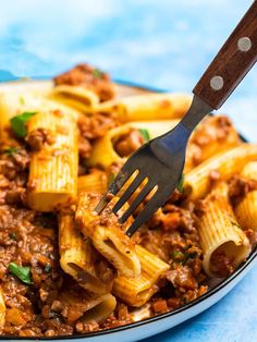 a plate full of pasta and meat with a fork sticking out of the top one