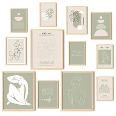 an assortment of framed art prints on the wall in various shades of green and white