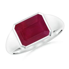 Add a unique flair to your look with this stunning signet ring. It showcases an emerald-cut ruby that is bezel set in an east-west setting. This Platinum ring will instantly elevate your style game. Classic Ruby Ring With Polished Rectangular Finish, Classic Ruby Ring With Rectangular Polished Finish, Classic Rectangular Ruby Ring With Polished Finish, Classic Ruby Rings With Rectangular Stone, Classic Rectangular Ruby Ring, Classic Ruby Ring With Rectangular Stone For Anniversary, Classic Ruby Ring With Rectangular Stone, Formal Emerald Cut Ruby Ring With Bezel Setting, Classic Emerald Ring With Rectangular Bezel Setting