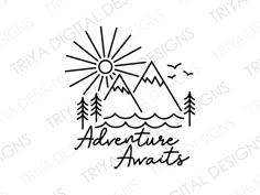 the adventure awaits logo with mountains and pine trees in the background, on a white background