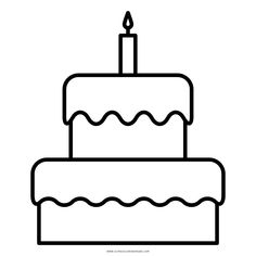 a birthday cake with a single candle on it's top is outlined in black and white