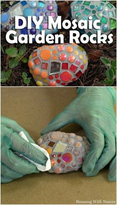 two pictures with the words diy mosaic garden rocks on them and hands in green gloves