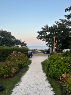 a gravel path leading to the beach with cars parked on it and trees in the background