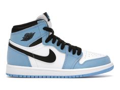 a pair of blue and white air jordans on a white background with black accents