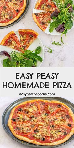 easy peasy homemade pizza recipe with fresh basil and tomatoes on the top, then topped with cheese