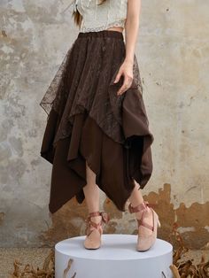 Contrast Lace Asymmetrical Hem Skirt Coffee Brown Casual   Fabric Plain Asymmetrical Non-Stretch  Women Clothing, size features are:Bust: ,Length: ,Sleeve Length: Rag Skirt, Cottagecore Skirt, Fair Outfits, Fairy Skirt, Rock Outfit, Brown Skirts, Hem Skirt, Asymmetrical Skirt, Fall Skirts