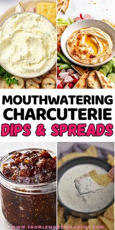 mouthwatering charcuterie dips and spreads collage with text overlay