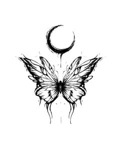 a black and white drawing of a butterfly with a half moon on it's back