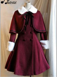 Wine Red Woolen Skirt Hem Classic Lolita Long Coat Old Fashion Dresses, Long Winter Coats, Indie Brands, Lolita Dress, Winter Coats Women, Gothic Lolita, Lolita Fashion, Kawaii Fashion, Cosplay Anime