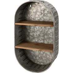 a metal wall shelf with two wooden shelves on each side and an oval design behind it