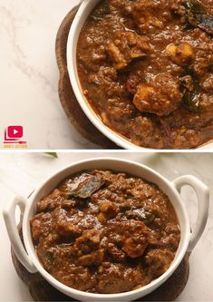 two pictures of some food in a white bowl and one has meat stew on it