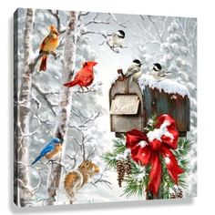 a painting of birds, squirrels and mailbox in the snow with christmas decorations