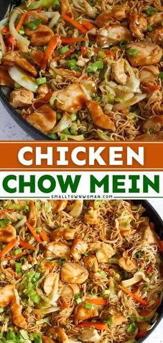 chicken chow mein in a skillet with carrots and green onions