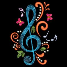 an embroidery design with music notes and butterflies